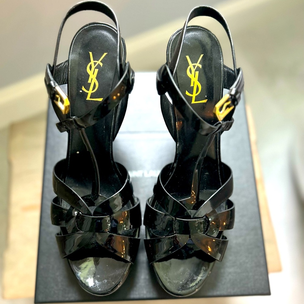 Yves Saint Laurent Black Patent Leather Strappy Slingback Sandals with Gold Logo
